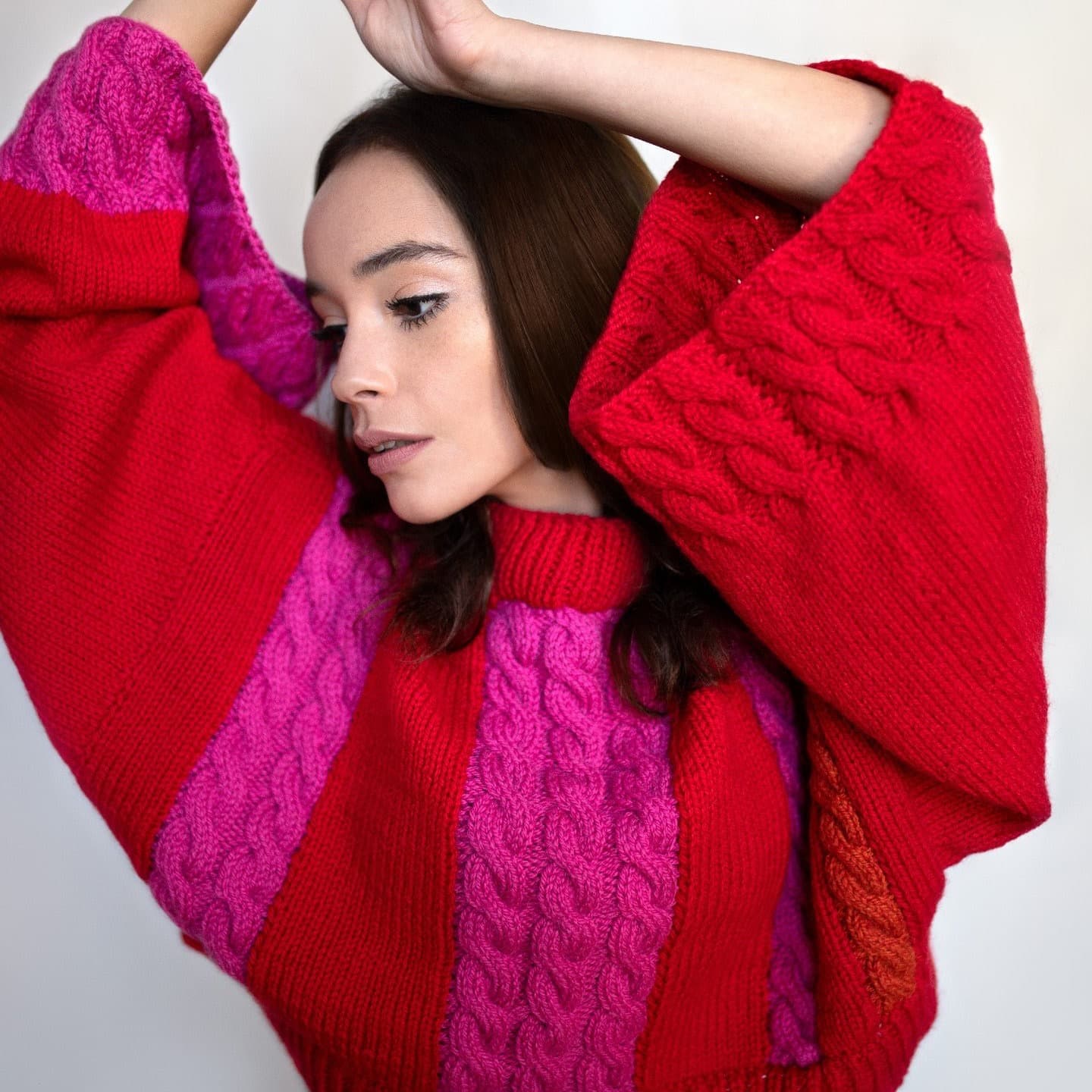 Fashion retouching, red sweater portrait