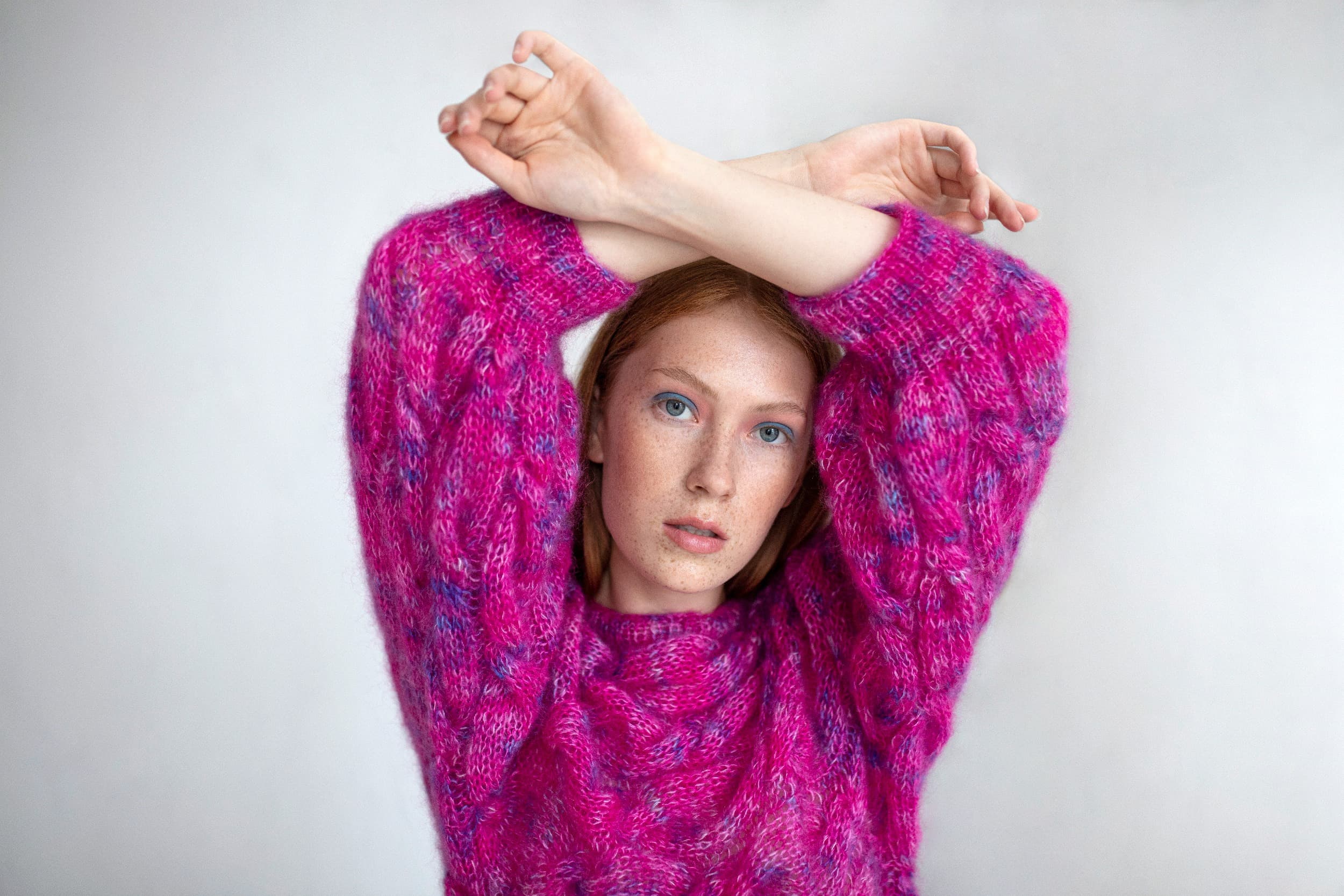 Fashion retouching, pink mohair portrait