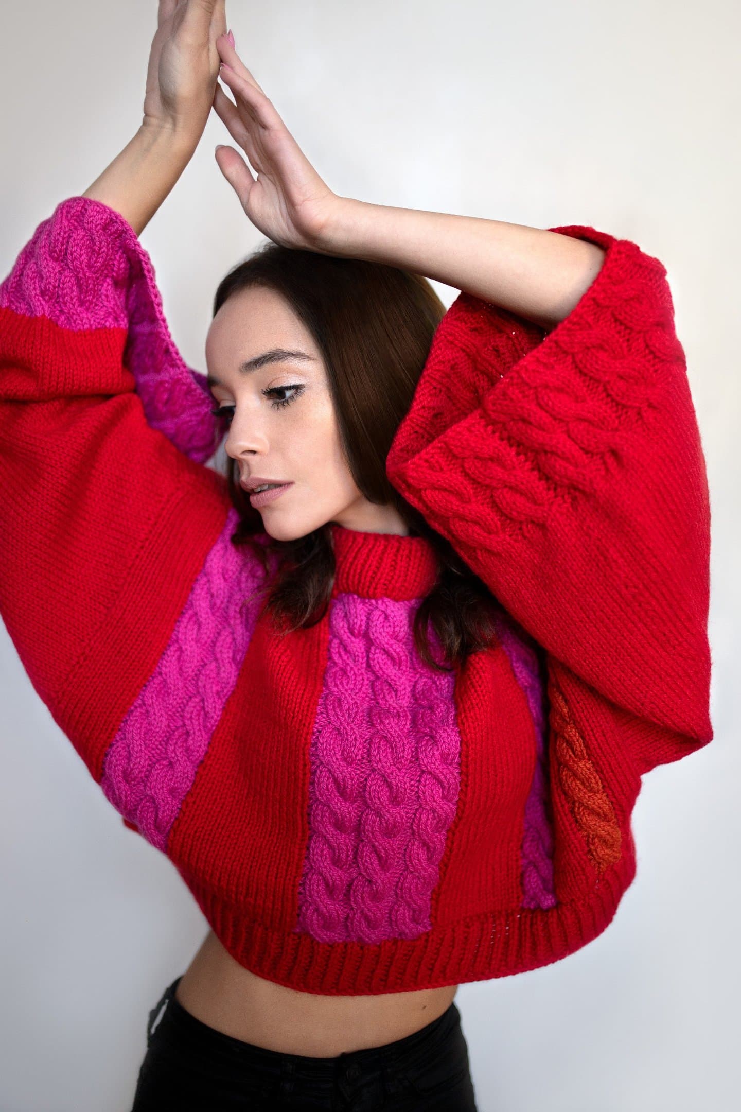 Fashion retouching, red sweater portrait