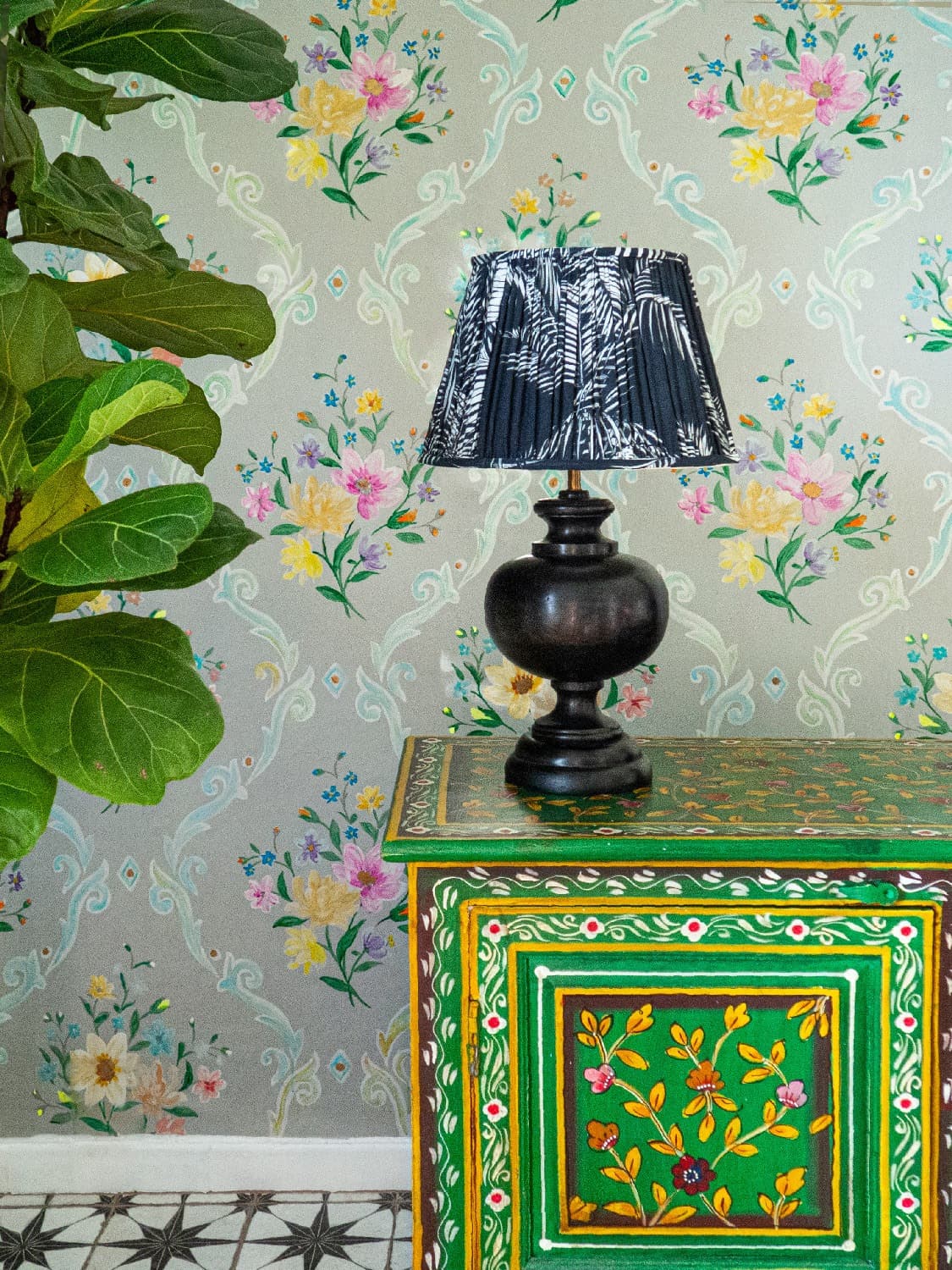 Interiors retouching for Matthew Williamson and Pooky, patterned living room with lamp